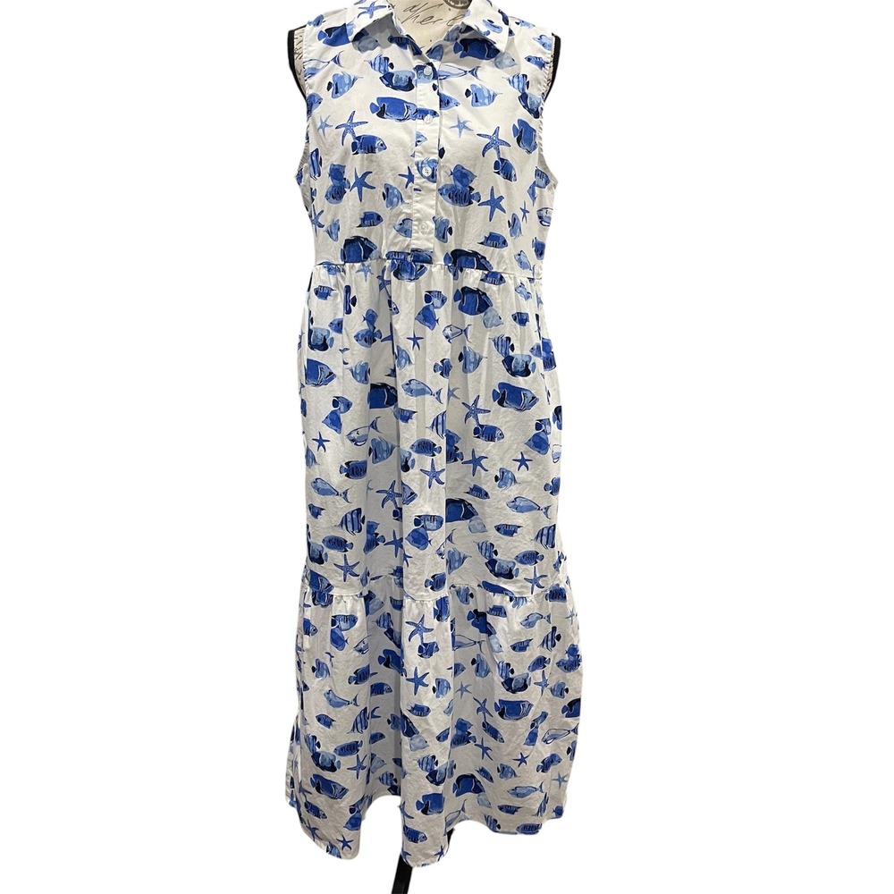 Rachel Zoe Maxi Dress Women L White Blue Fish Starfish Print Tiered Coastal